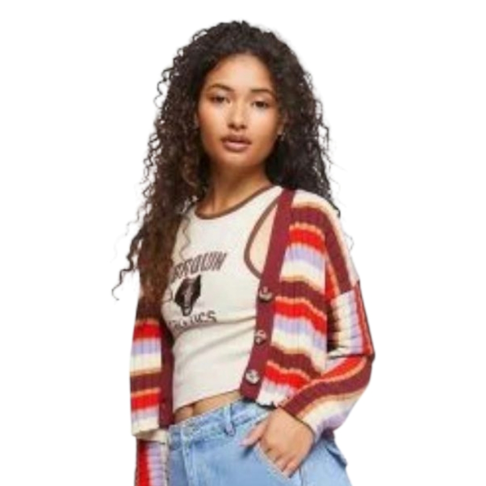 NWT Forever 21 Striped Ribbed Cardigan Medium Drop Shoulder Button As Seen on TV